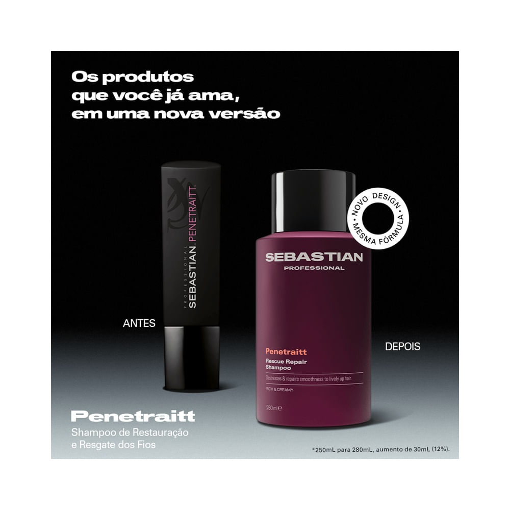 Frasco de shampoo Sebastian Penetraitt 280ml em embalagem roxa com tampa preta